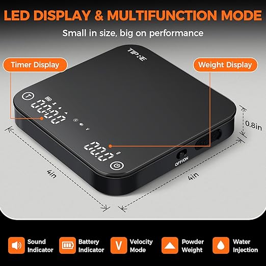 Mini Coffee Scale with Timer, 2kg/0.1g Precision Portable Espresso Scale, Rechargeable Pour Over Scale with Type-C,Flow Rate Mode, g/oz/ml, LED Display, Tare Function, Silent Mode