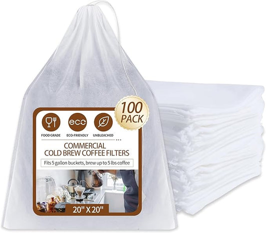 100Pcs Commercial Cold Brew Coffee Filters for 5 Gallon Buckets, 20" X 20" Disposable Coffee Filters with Drawstring for Brew Up To 5 LBS Coffee
