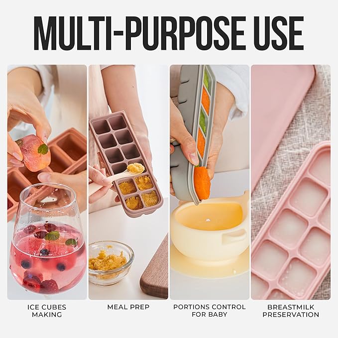 Silicone Ice Cube Freezer Tray with Lid, 100% Food-Grade Platinum Silicone,Leak Resistance & Dishwasher Safe for Baby Food Prep,Breast Milk,Purees, Korean Made (Indie Pink 2-Pack 1 oz/6 ct)