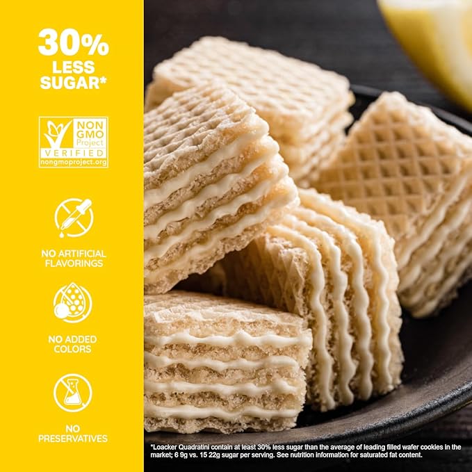 Loacker Quadratini Lemon Wafer Cookies LARGE - 30% Less Sugar - Premium Crispy Bite Size Wafers - NON-GMO - LARGE Pack of 6