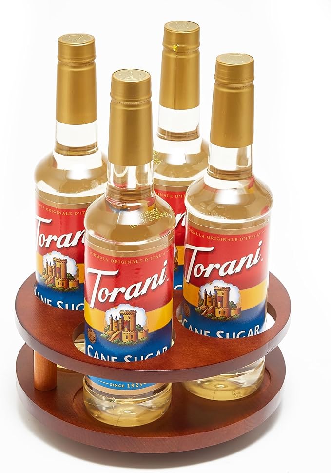Wood Rotating Coffee Syrup Organizer, 4 Bottles Coffee Syrup Rack, Coffee Station Organizer with Large Base and Anti-Slip Pad