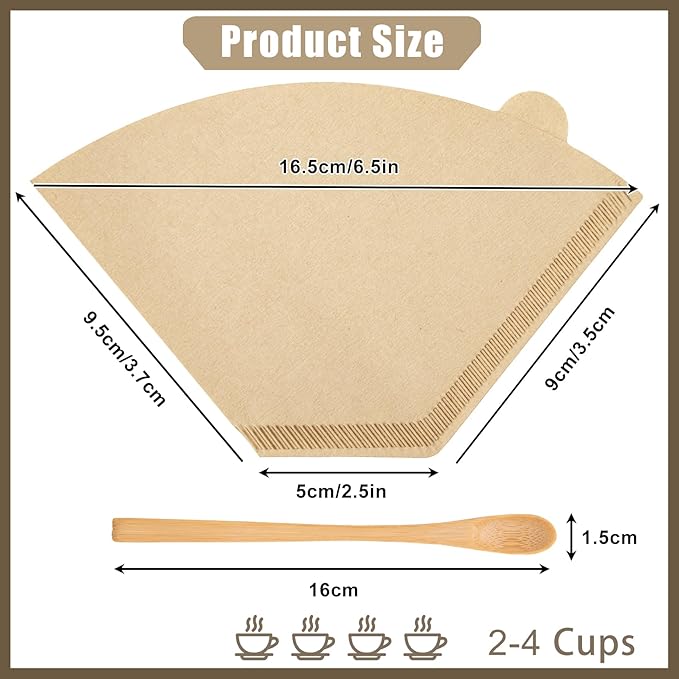 250 Count Coffee Filter #2, #2 Coffee Filters Disposable with 3 Wooden Coffees Spoons, Unbleached Natural#2 Coffee Filters Cone, Organic Cafe Filter NO.2 for Drip and Pour Over Coffee & Tea(2-6 Cup)