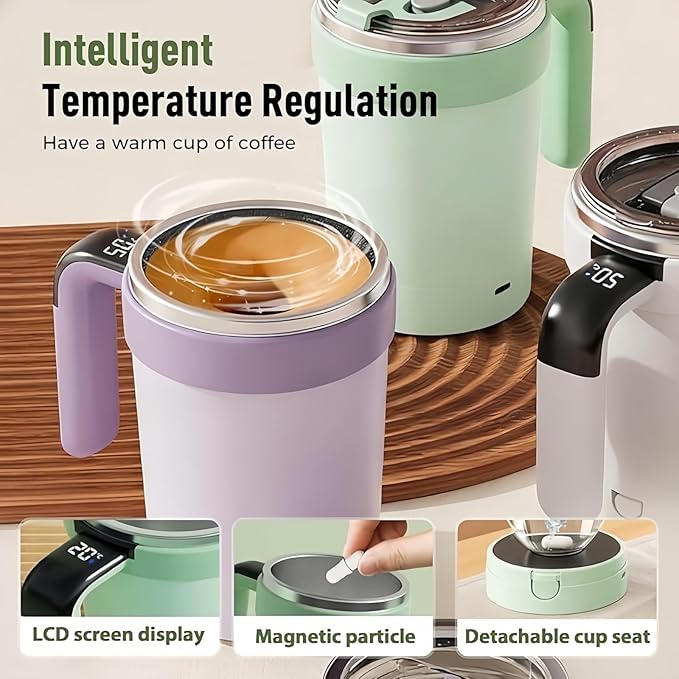 Self Stirring Coffee Mug Equipped with Temperature Display,2026 Upgrade Self Stirring,Heated Coffee Mug Rechargeable,Suitable various scenarios such daily adjustment,office,mug with lid (White)
