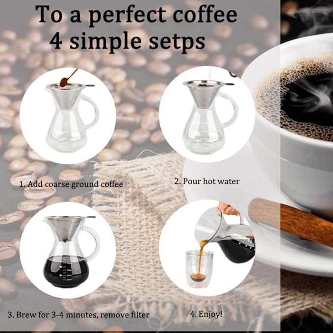 34oz Pour Over Coffee Maker with Stainless Steel Filter, Thickened Heat-Resistant Borosilicate Glass Dripper & Carafe, Stovetop Safe Hand Coffee Brewer with Handle for Home, Office, Camping (34oz)