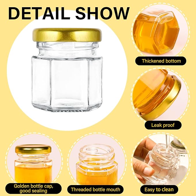 Mini Glass Honey jars-1.5 oz,60pcs Hexagon Honey Jars with Wood Dipper,Stickers,Bee Pendants,Tags,Rope,Small Honey Jars with Lids,Perfect for Wedding Favors,Jams,Baby Shower,Party Favors