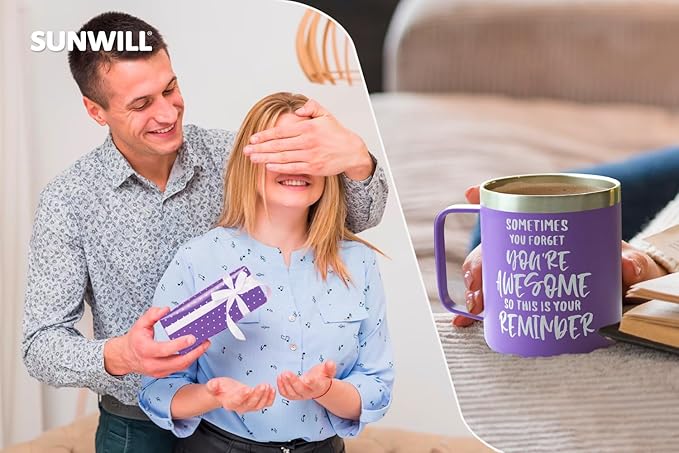 SUNWILL Insulated Coffee Mug with Lid, Birthday Gifts for Women, Stainless Steel Coffee Cup, Inspirational Sometimes You Forget You're Awesome Gifts for Christmas, Graduation, Thank You - 14oz Purple