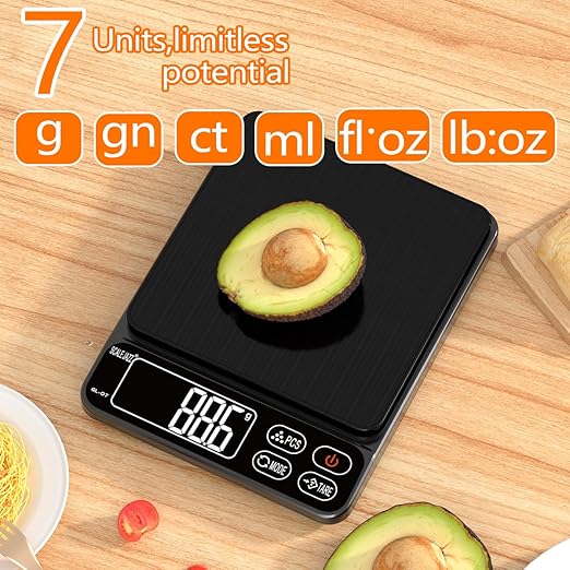 Mini Scale,6.6lb Scale for Grams,Digital Scale Food，Cooking Scale and Food Scales for Kitchen，Food Scale Grams and Ounces,Grams Scale,7Units,Auto Off,Tare,PCS,LCD Display