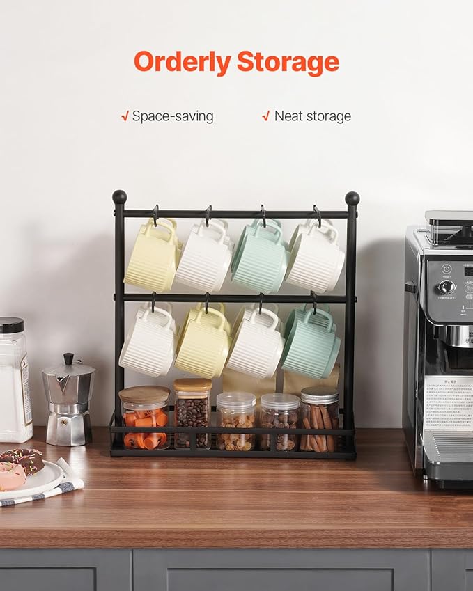 VEVOR Coffee Mug Holder for Countertop, 16 Hooks coffee mug holder stand, 2 Tier Mugs Tree Rack Carbon Steel Mug Display Stand, for Home Coffee Bar Storage and Display (Matte Black)