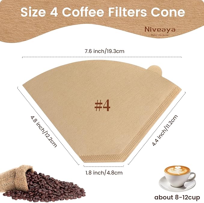 Niveaya 200 Count Coffee Filters #4, Unbleached Natural Brown Coffee Filters 8-12Cup, Disposable Cone Paper Fliters for Pour Over and Drip Coffee Maker