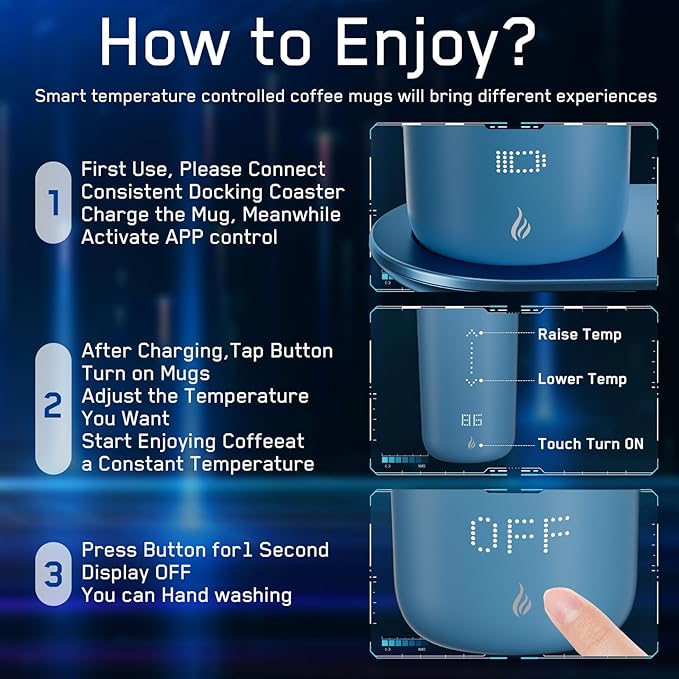 Temperature Control Heated Coffee Mug Smart Self Heating Travel Mug 12 Oz App Controlled Warmer Mug 4-10 Hour LED Display Keep Coffee Hot All Day Fast Wireless Charger Base Lake Blue