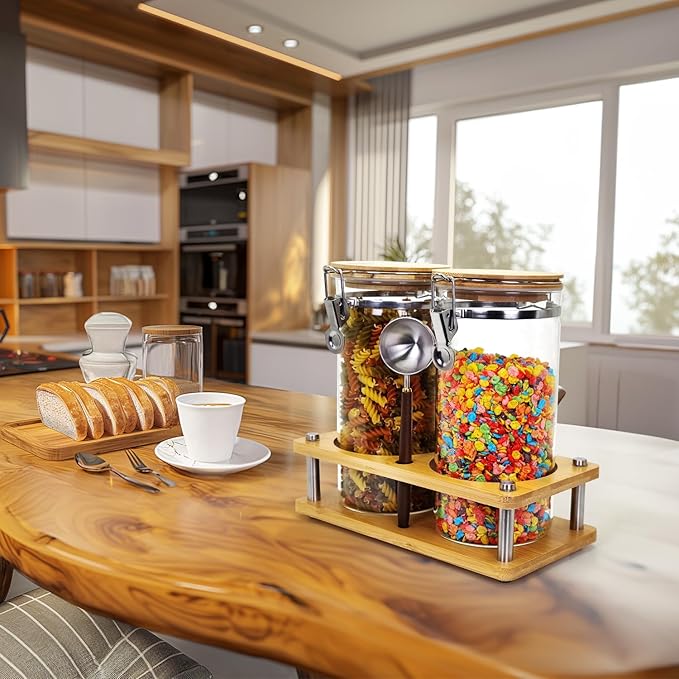 Glass Coffee Grounds Container with Wooden Shelf, 2 × 45 FLOZ Glass Coffee Canister with Sealed Locking Clamp, Kitchen Large Capacity Food Storage Jar with Metal Spoon
