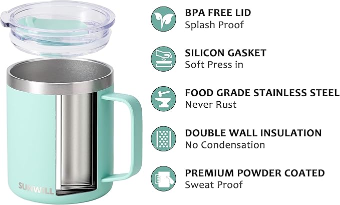 SUNWILL Insulated Coffee Mug with Lid, Travel Tumbler with Handle, 14 oz Stainless Steel Cup for Camping, Office, Home, Powder Coated Mint
