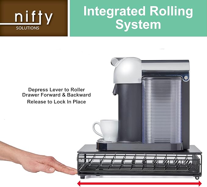 Nifty Vertuoline Rolling Coffee Pod Drawer – Satin Black Finish, 40 Pod Capsule Holder, Compact Under Coffee Pot Storage, Office or Home Kitchen Counter Organizer