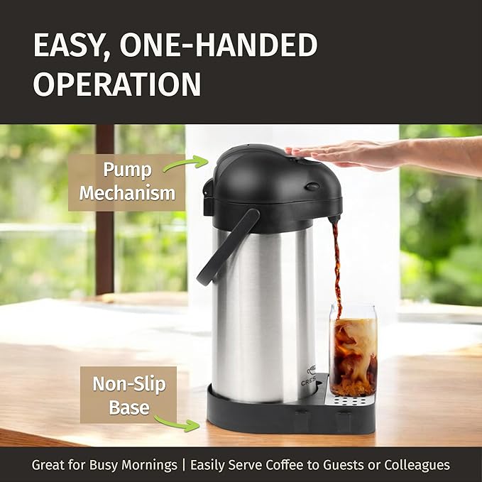 Airpot Coffee Dispenser with Pump & Tray - 102oz/3L Coffee Carafe with Pump - 12 Hours Hot Drink Dispenser for Parties - Stainless Steel Thermal Carafe for Hot Cocoa Bar -Easy-to-Use Insulated Pitcher