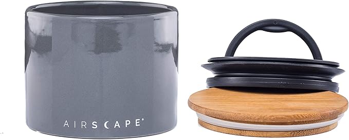 AirScape Planetary Design Ceramic Coffee and Food Storage Canister – Small 4-inch – US Patented Airtight Inner Lid – Gray with Bamboo Top