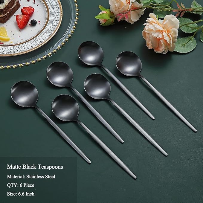 Matt Black 6 Piece Teaspoons, 6.6'' Silverware, Stainless Steel Small Spoons for Home, Kitchen or Restaurant, Dishwasher Safe