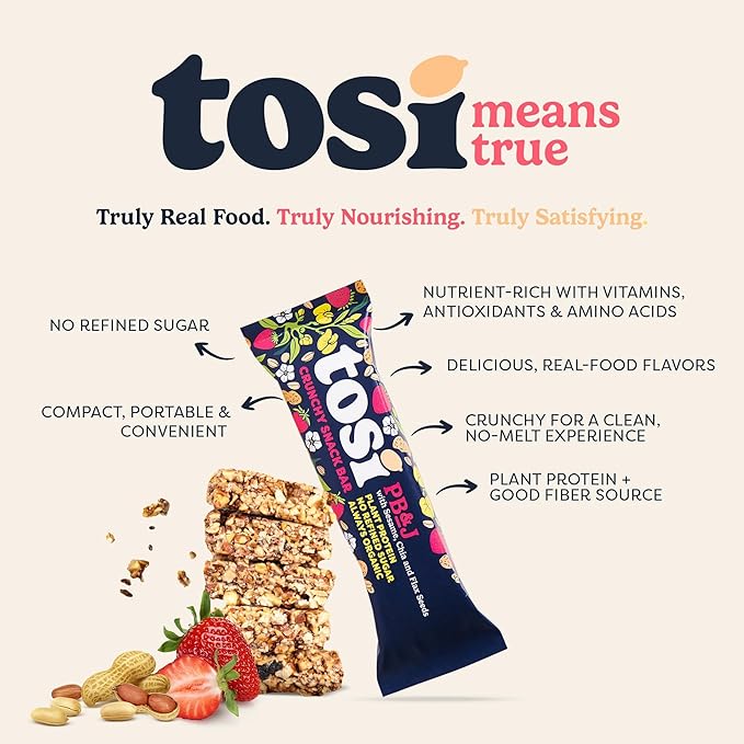 Tosi Nut Bars, PB&J, Healthy Snacks for Adults & Kids, Plant Based Crunchy Bars (7G Protein), Organic Keto Snacks, Vegan, Gluten & Soy Free, Low Sugar, Omega 3s, 1oz, 12-Pack