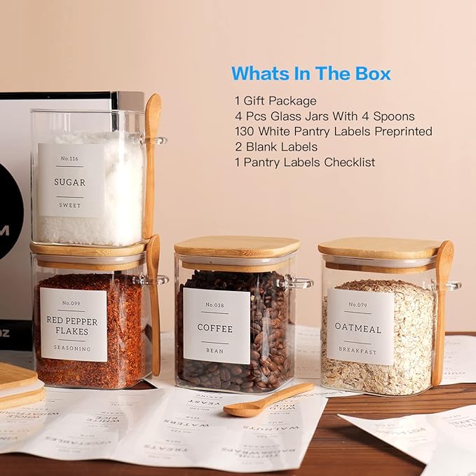 Set of 4 Square Glass Jar with Bamboo Lids and Spoons – Airtight 27 oz Borosilicate Glass Food Storage Contaienrs with 132 Kitchen Pantry Labels for Coffee, Tea, Sugar