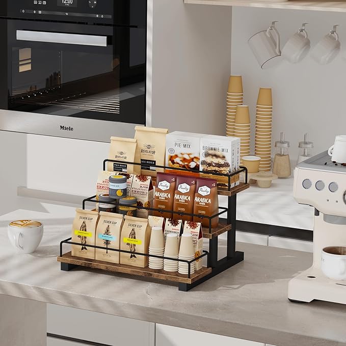 Homode Liquor Bottle Display Shelf, Coffee Syrup Rack Organizer, 3 Tier Wine Rack Countertop, Home Retro Bar Shelf Stand Holder for Liquor Whiskey Spirits, Mini Bar, Liquor Cabinet, Rustic Brown