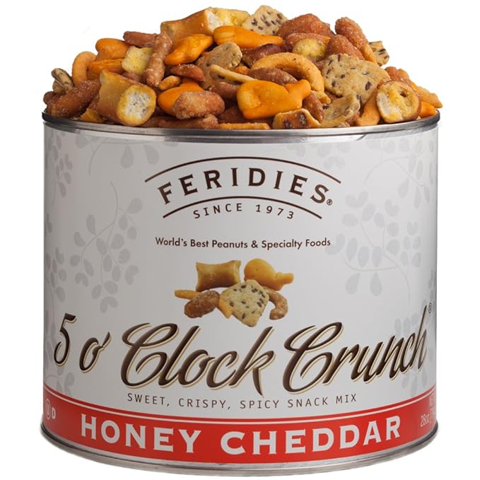 FERIDIES 5 O'clock Crunch Honey Cheddar Gourmet Snack Mix Includes Peanuts Crackers Pretzels Five Oclock Mix - 28 Oz Tin