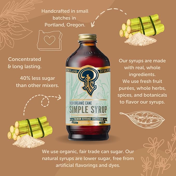 Portland Syrups Organic Cane Simple Syrup - Drink Mix for Exceptional Cocktails, Sugar for Drinks, for Coffee, Mocktails, Baking, 12 oz, 24 Servings - Pack of 1