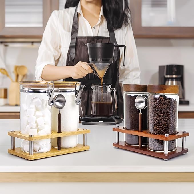 Glass Coffee Grounds Container with Wooden Shelf, 2 × 45 FLOZ Glass Coffee Canister with Sealed Locking Clamp, Kitchen Large Capacity Food Storage Jar with Metal Spoon