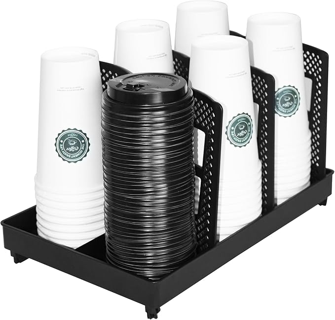 Coffee Cup Holder,Cup and Lid Dispenser with Stand,Disposable Cups Organizer,6 Slots,for Coffee Station,Bar,Office,Home,Restaurant,Breakroom,Countertop