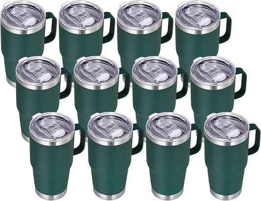VEGOND 20 oz Tumbler Bulk with Handle Lid and Straw, Stainless Steel Insulated Travel Coffee Mug Set, Spill Proof Double Wall Metal Tumblers Cups, Dark Green 12 Pack