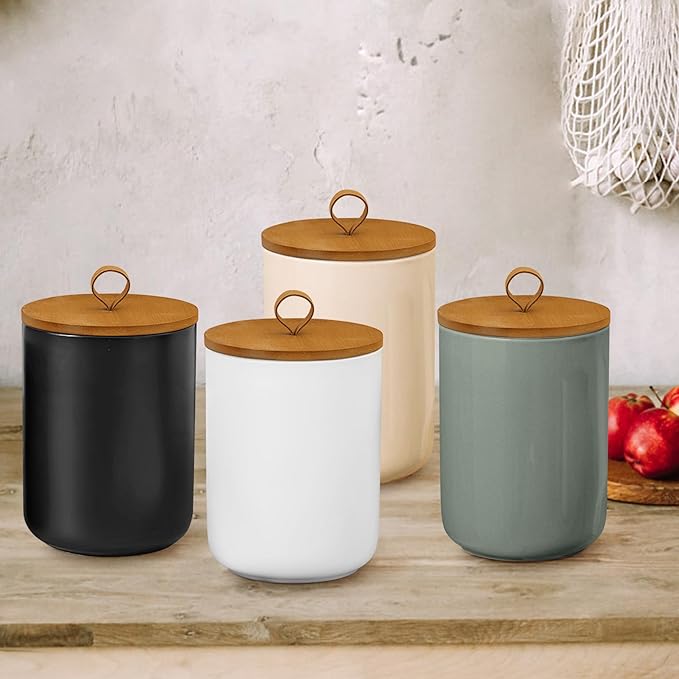 Large Ceramic Storage Jars, Modern Elegant Highly Polished Airtight Gorgeous Storage Canisters with Wooden Lid Food Storage Jar for Kitchen Spice Tea Vanilla Sugar Coffee Beans (Black)
