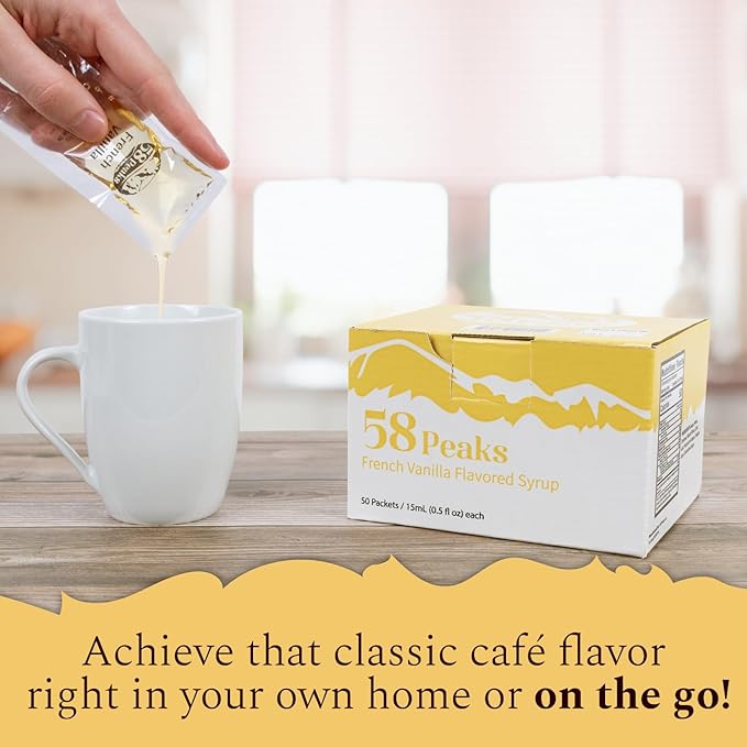 58Peaks French Vanilla Flavored Syrup Sweetener Packets for Hot and Cold Drinks | To-Go Syrup Flavoring Perfect for Coffee, Tea, Milkshake and More | Flavored Coffee Syrups for Travel | 15mL | 50-Pack