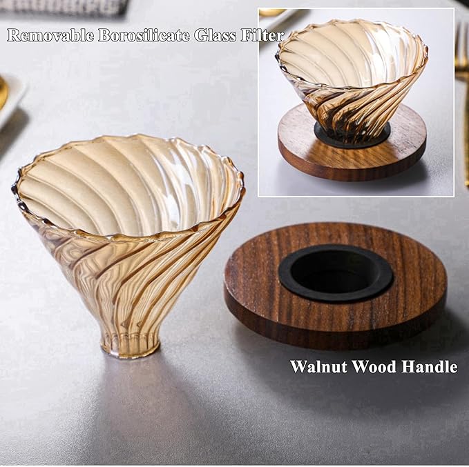Pour Over Coffee Maker Set 20 oz, 600 ml Borosilicate Glass Coffee Server with Glass Lid, 50 pcs Paper Filter, Walnut Handle Pour Over Coffee Dripper for Home Café Restaurant, Gold