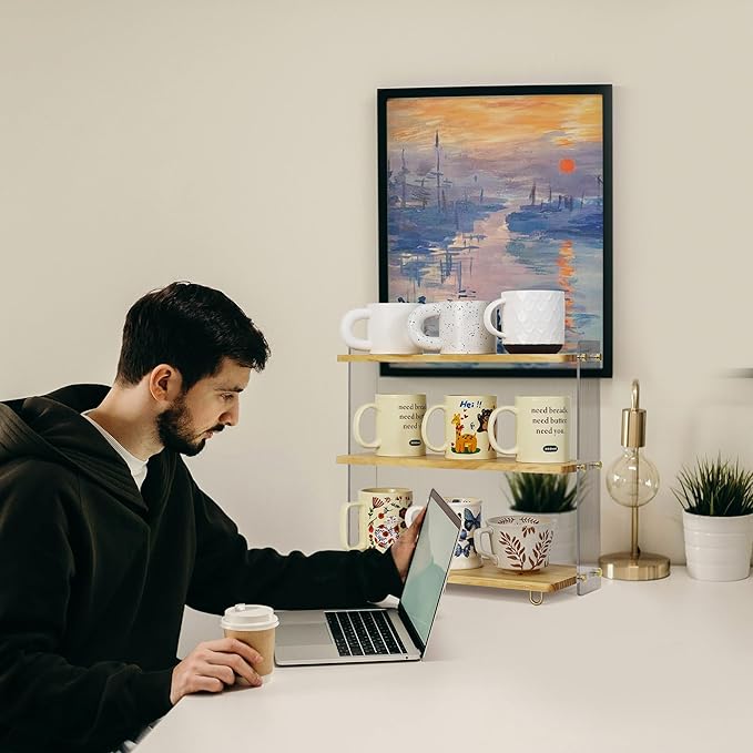 Coffee Mug Holder Wooden Cup Station Organizer 3 Tier Cup Holder for Coffee Bar Mug Display Rack for Countertop Mug Holder Shelf for Home Kitchen Pine Wood