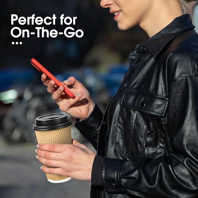 Ginkgo 100 Pack Disposable Coffee Cups with Lids 16 oz, Insulated Ripple Wall To Go Paper Cups for Party Home and Travel - Beige