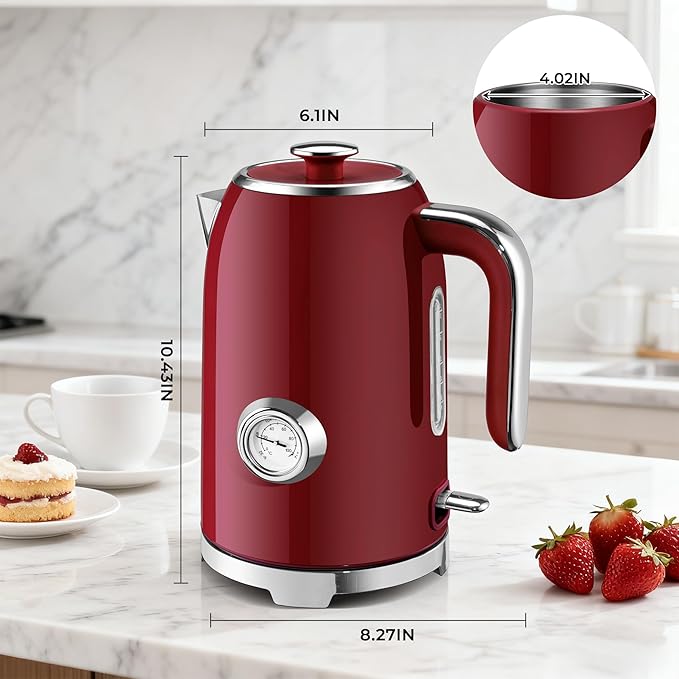 SUSTEAS Electric Kettle - 57oz Hot Tea Water Boiler with Thermometer, 1500W Fast Heating Stainless Steel Pot, Cordless LED Indicator, Auto Shut-Off & Boil Dry Protection, Red