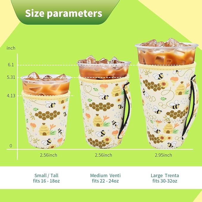 3 Pack Iced Coffee sleeve Insulated Neoprene Cup Sleeves with handle For Cold Drinks Beverages, Reusable Cup Holder for 16oz-32oz Coffee Cups (Honeycomb Buzz)