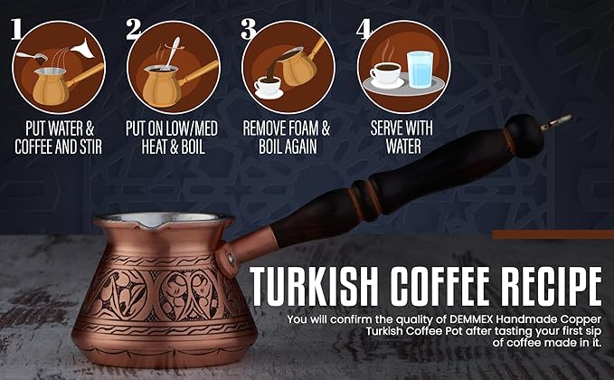 DEMMEX Thickest Copper Turkish Greek Arabic Coffee Pot, Stovetop Coffee Maker, Cezve Ibrik Briki with Wooden Handle & Spoon, Hand Engraved (Antique Copper, 9 Ounces)