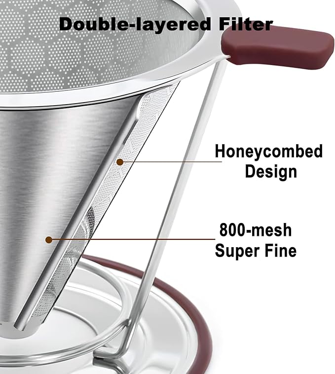 Pour Over Coffee Dripper - 304 Stainless Steel Filter, Paperless & Reusable Dual-Layer Metal with Base, 800 Mesh Steel Cone Filter, for 1-6 Cups Brew Coffee Maker