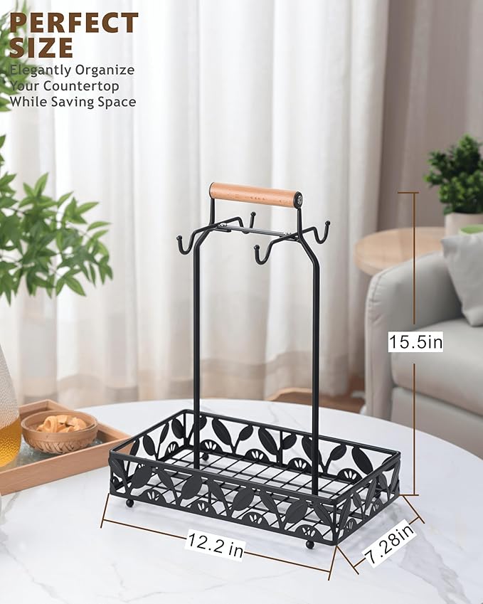 Coffee Mug Holder for Countertop, Mug Tree & Mug Rack with Storage Basket, 2-in-1 Organizer Holds 4 Large Mugs, Kitchen Cup Holder for Coffee Bar Accessories, Pods & Tea Bags, Black Metal with Handle