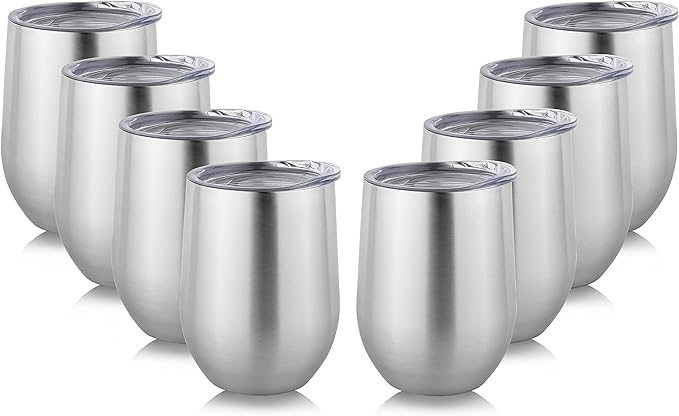 DOMICARE Stainless Steel Wine Tumbler Bulk with Lid, Personalized Insulated Tumblers Set, 12oz Travel Coffee Cups Pack of 8, ss steel