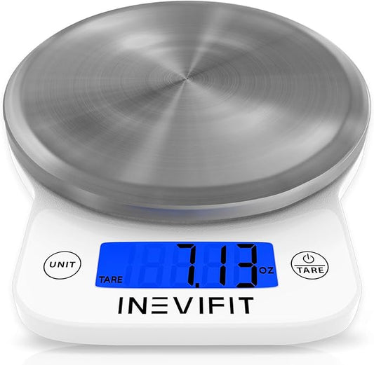INEVIFIT Digital Kitchen Scale, Highly Accurate Multifunction Food Scale 13 lbs 6kgs Max, Clean Modern White with Premium Stainless Steel Finish. Includes Batteries