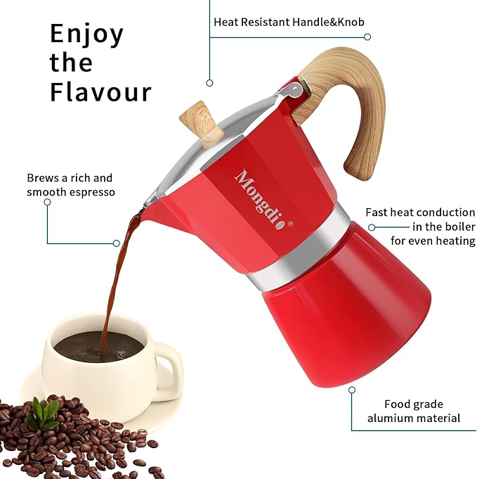 Mongdio Stovetop Espresso Maker Moka Pot, Cuban Coffee Maker Stove top coffee maker Moka Italian Espresso Greca Coffee Maker Brewer Percolator, 12 Espresso Cups, 20 oz - Red