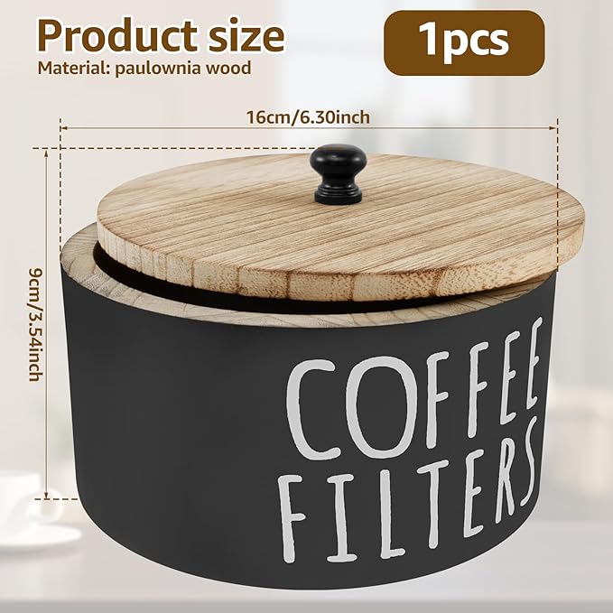 Coffee Filter Holder, Wooden Large Capacity Rustic Coffee Filter Storage Case Dispenser with Bamboo Lid, Round Organizer Basket Container Storage for Pod and Filter, Coffee Bar Accessories
