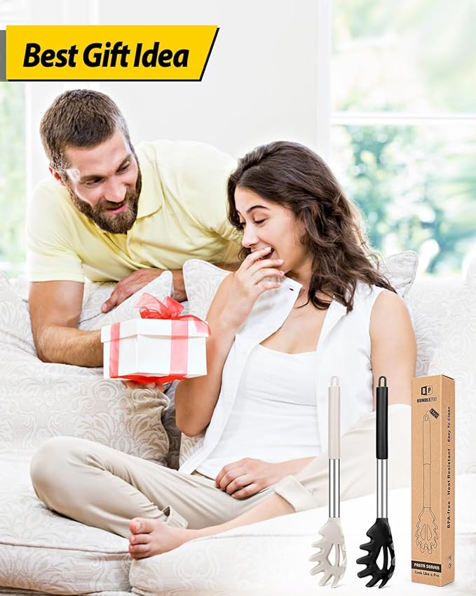 Pack of 2 Silicone Pasta Fork, Kitchen Heat Resistant Noodle Spoon Server, BPA Free Spaghetti Strainer, Best Cooking Tools (BLACK-KHAKI)