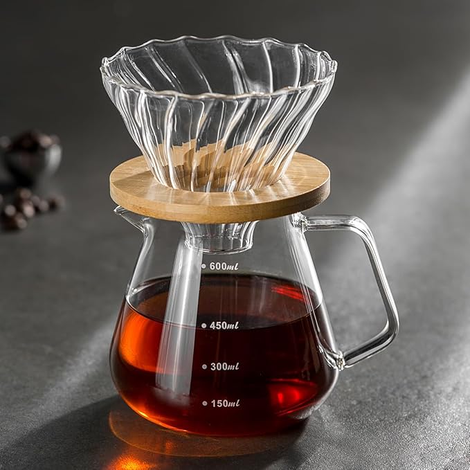 Pour Over Coffee Maker Set – Drip Coffee Pot with bamboo Handle, Glass Coffee Dripper & 100 Filters, 20oz/600ml Capacity