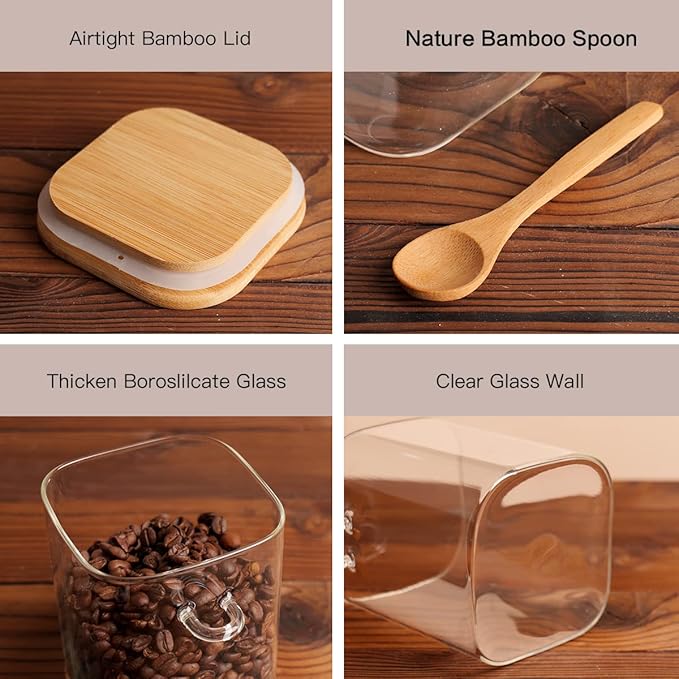 Set of 4 Square Glass Jar with Bamboo Lids and Spoons – Airtight 27 oz Borosilicate Glass Food Storage Contaienrs with 132 Kitchen Pantry Labels for Coffee, Tea, Sugar