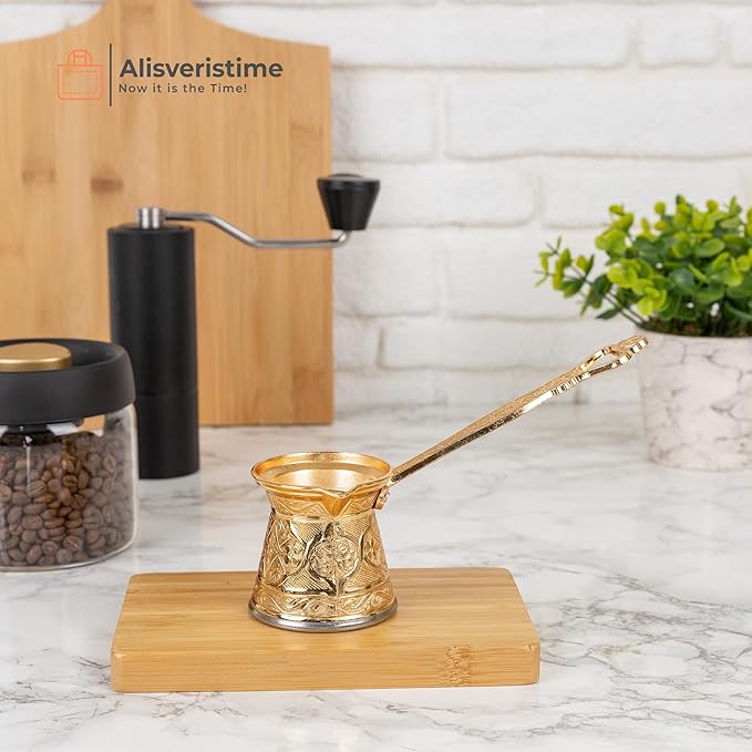 Alisveristime Authentic Turkish Coffee Pot, Handmade Cezve/Ibrik, Multiple Sizes and Colors Available - Enhance Your Coffee Experience Now! (Gold, 1 Cup)