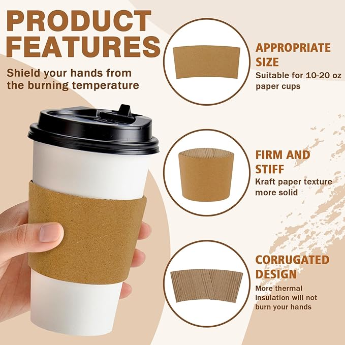 300 PCS Coffee Cup Sleeves, Disposable Coffee Sleeves Fits 10-20 oz Cups, Kraft Paper Cup Sleeve for Hot and Cold Drinks