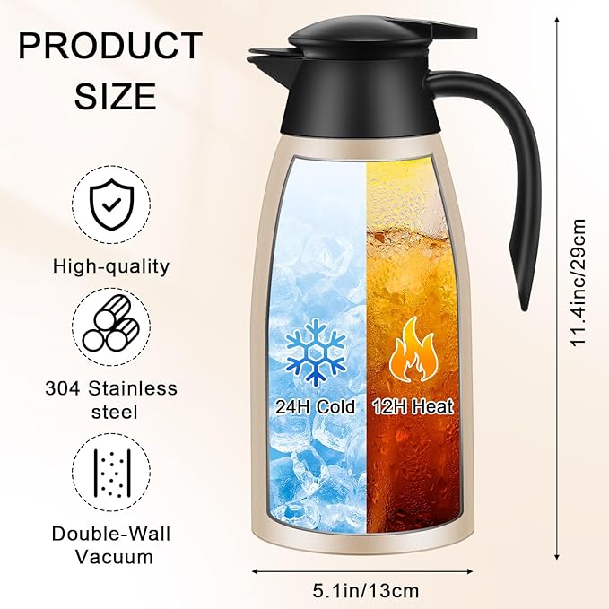 Uiifan 2 Pcs 68oz Thermal Coffee Carafe Insulated Stainless Steel Coffee Carafe for Hot Liquids Double Walled Vacuum Pot Creamer Pitcher Dispenser with Brush for Keeping Milk Tea(Silver, Champagne)
