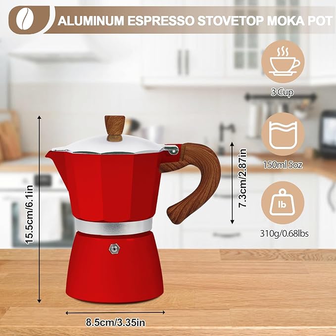 Aluminum 3 Cup 150ml Moka Pot Express Coffee Maker Stovetop Espresso Colorful Coffeemaker Italian Classic Style Brewing Greca Cafe Mocha Machine for Cafeteras Lover Camping Travel and Home Use 5oz