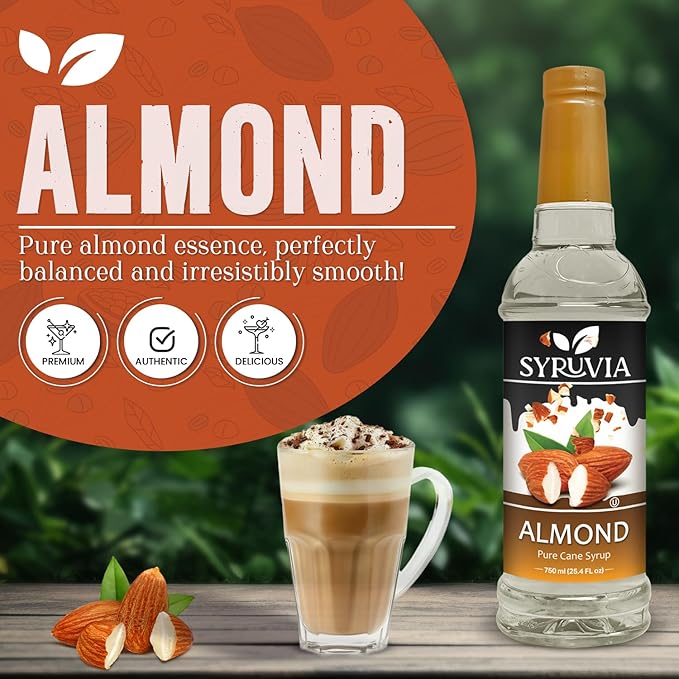 Syruvia Almond Coffee Syrup - 25.4 fl oz - Kosher Syrups, Gluten Free, No Coloring, Perfect for Drinks, Soda, Shakes, Desserts, and More With Pump